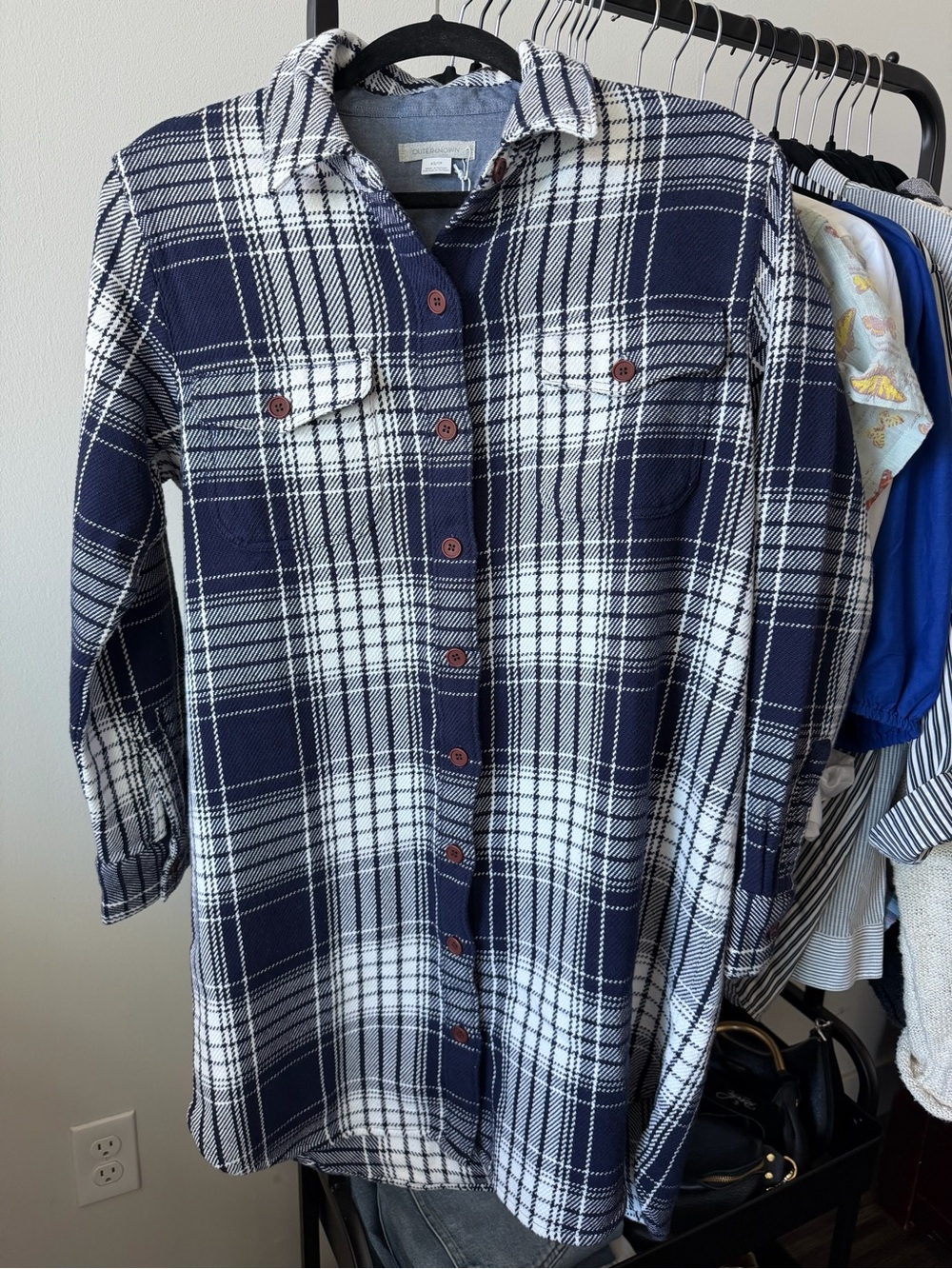 Outerknown Navy and White Plaid Button-Down Blanket Shirt Dress